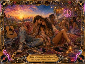 A carefree rooftop gathering unfolds at sunset, where a young bohemian couple lounges affectionately among friends, guitars, records, and a vintage boombox. Warm oranges, purples, and blues glow beneath string lights and neon peace signs. Rich painterly textures, drifting smoke, floral fabrics, and an ornate music-themed frame create nostalgic youthful freedom.