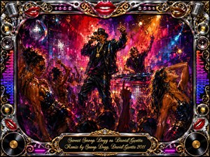 A vibrant nightclub erupts with electric energy as a stylish rapper commands the stage beside a DJ, surrounded by dancing silhouettes. Saturated reds, magentas, blues, and golds blaze beneath spotlights and a disco ball. Expressive painted textures, glossy highlights, speakers, vinyl records, chrome ornamentation, and red lips create a seductive, celebratory atmosphere.