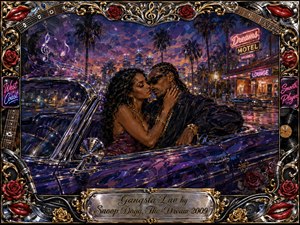 A glamorous couple shares an intimate moment in a deep purple lowrider beneath palm trees and neon city lights. Rich blues, violet, pink, chrome, and gold create a seductive nighttime glow. Painterly textures, wet street reflections, roses, musical notes, ornate filigree, red lips, and a luxurious engraved frame complete the romantic West Coast atmosphere.