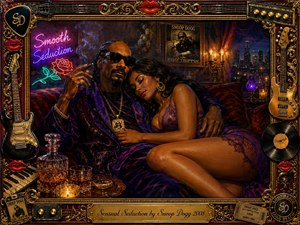 A richly dressed couple reclines intimately in a luxurious, candlelit lounge, surrounded by deep purple fabrics, warm gold accents, neon roses, instruments, records, and vintage music memorabilia. Ornate framing, glowing city lights, smoky atmosphere, and painterly textures create a sensual, glamorous mood blending romantic nostalgia with polished hip-hop extravagance.