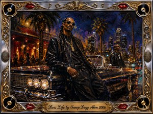 A confident nighttime street scene centers on two sharply dressed figures beside a gleaming black lowrider, framed by palm trees, glowing nightlife, and a luminous city skyline. Deep blues, black, gold, and crimson dominate, with warm reflections and textured painterly brushwork. Ornate chrome-and-gold musical decorations complete the luxurious, swaggering atmosphere.