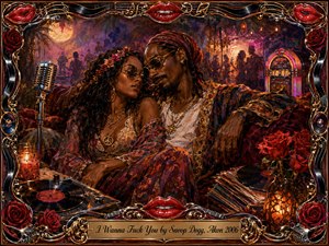 A stylish couple lounges closely in a richly decorated bohemian music room, surrounded by roses, vinyl records, a vintage microphone, and glowing jukebox light. Deep reds, golds, purples, and warm amber illumination create a seductive, intimate mood. Painterly textures, ornate chrome details, bright lips, and the engraved title frame enhance the romantic nightlife atmosphere.