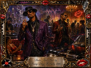 Two sharply dressed performers command a smoky upscale nightclub, surrounded by dancers, glowing chandeliers, turntables, and a polished luxury car. Deep purple, crimson, gold, and black tones create a confident, seductive mood. Painterly oil and acrylic textures, neon highlights, ornate musical framing, red lips, microphones, and chrome details heighten the glamorous atmosphere.