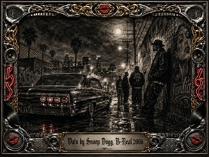 A brooding charcoal-style urban night scene centers on a gleaming black lowrider beside graffiti-covered walls and shadowed figures. Wet pavement reflects streetlights beneath a hazy moon and distant skyline. Deep blacks, smoky grays, chrome highlights, gold accents, and red lips create a tense, cinematic mood within an ornate music-themed frame.
