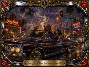 A gleaming lowrider cruises through a smoky neon-lit West Coast boulevard, carrying a stylish couple beneath palm trees and glowing city signs. Rich blues, purples, amber, crimson, and chrome shimmer in dramatic night lighting. Textured oil-paint brushwork, swirling smoke, musical motifs, and an ornate gold-and-chrome frame create a luxurious, dreamlike mood.