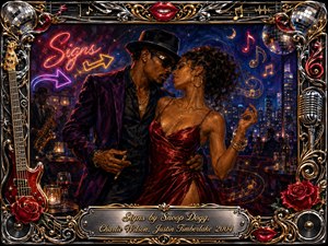 A stylish couple shares a seductive dance in a glamorous midnight lounge, surrounded by glowing neon signs, city lights, roses, instruments, microphones, and mirrored disco balls. Rich reds, deep blues, chrome, and gold create a luxurious atmosphere, while expressive oil-painted textures, warm highlights, and an ornate musical frame enhance the romantic mood.