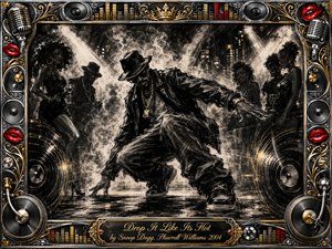 A sharply dressed dancer drops low across a smoky nightclub floor, surrounded by stylish silhouettes, glowing spotlights, and pulsing speaker forms. Deep charcoal textures dominate, accented by chrome, gold, and vivid red lips. An ornate music-themed frame of microphones, records, equalizers, and filigree completes the glamorous, rhythmic composition.