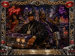 A richly textured urban portrait places 50 Cent and Snoop Dogg before gleaming vintage lowriders beneath a neon-lit city skyline. Deep blacks, violet shadows, fiery reds, and polished gold accents create a luxurious nightlife mood. Expressive brushwork, smoky atmosphere, vinyl records, microphones, chains, and an ornate chrome frame amplify the bold hip-hop aesthetic.