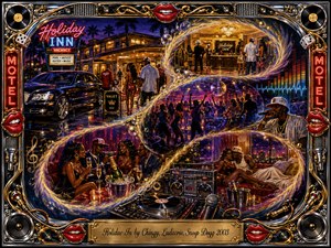 A vibrant hip-hop nightlife collage unfolds through swirling S-shaped ribbons, linking a neon motel, valet arrival, crowded dance floor, champagne lounge, and intimate suite. Rich reds, purples, blues, chrome, and gold glow under cinematic lighting. Ornate speakers, lips, dice, microphones, vinyl details, and the engraved title frame the energetic acrylic-watercolor composition.