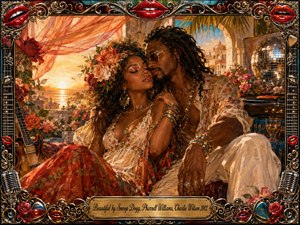 A romantic couple reclines in a lush bohemian courtyard overlooking a glowing seaside sunset, surrounded by roses, palms, music equipment, and a mirrored disco ball. Warm gold, crimson, turquoise, and cream tones create a seductive, celebratory mood, rendered in richly textured painterly strokes within an ornate musical frame.