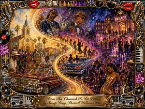 A vibrant mixed-media mural traces a glowing S-curve from a sunlit neighborhood church to a lavish nighttime palace. Lowriders, dancers, musicians, palms, and celebratory crowds fill the scene with confident West Coast energy. Rich gold, purple, orange, and neon highlights glow beneath painterly textures, framed by chrome, musical motifs, and ornate detailing.