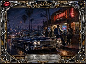 A gleaming black lowrider cruises through a neon-lit West Coast night, framed by palm trees, city lights, and a weathered corner liquor store. Deep blues, warm amber reflections, chrome highlights, and red neon create a secretive, confident mood. Rich oil-painted textures and ornate musical framing evoke cinematic street nostalgia.