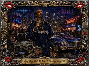 A confident rapper commands a neon-lit Long Beach street, microphone in hand, framed by a gleaming lowrider, boombox, vinyl records, crowds, and glowing storefronts. Deep blues, purples, reds, chrome, and gold create a luxurious nighttime mood, while painterly textures, sound-wave graphics, and an ornate musical frame amplify the West Coast energy.