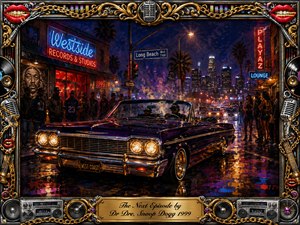 A gleaming lowrider cruises through a neon-lit West Coast boulevard at night, surrounded by palm trees, crowds, clubs, and glowing city towers. Deep purples, reds, blues, and gold reflections create a confident, celebratory mood. Rich painterly textures, dramatic lighting, chrome details, microphones, records, chains, and an ornate engraved frame complete the scene.