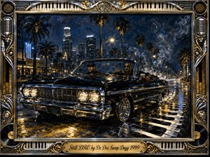 A glossy black lowrider cruises through a palm-lined city at night, carrying two sharply dressed figures beneath glowing streetlights and a deep blue skyline. Rich oil-painted textures, chrome reflections, smoky atmosphere, piano-key pavement, and gold accents create confident West Coast elegance. An ornate music-themed frame and engraved title plate complete the composition.