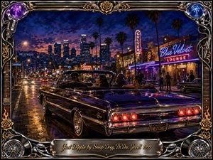 A gleaming black lowrider convertible cruises through neon-lit Los Angeles at dusk, framed by palms, glowing storefronts, and a sparkling skyline. Deep blues, purples, golds, and chrome reflections create a smooth, nocturnal mood. Rich painterly realism, wet pavement, ornate musical motifs, and the engraved title plate complete the cinematic scene.