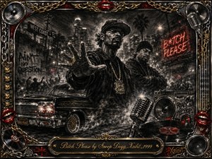 A gritty charcoal-style West Coast street scene centers two commanding figures beside a gleaming lowrider, vintage microphone, speakers, and vinyl records. Smoky city lights, palm silhouettes, and red neon create a defiant nocturnal mood. Black, silver, gold, and crimson accents frame the scene with chains, lips, chrome, and ornate musical details.