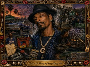 A richly detailed painted portrait of Snoop Dogg dominates a nostalgic West Coast collage, surrounded by lowriders, palm-lined streets, studio gear, records, and vintage memorabilia. Warm sunset oranges, deep blues, smoky shadows, and gold highlights create a confident, cinematic mood, framed by ornate musical details and a polished engraved title plate.