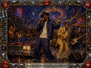 A vibrant nighttime street concert unfolds beneath swirling indigo and gold skies, with stylish performers commanding the foreground beside a gleaming red lowrider. Energetic crowds, musicians, speakers, palm-lined city lights, and glowing musical notes create a celebratory funk atmosphere. Rich oil-painted textures, chrome details, warm highlights, and an ornate music-themed frame intensify the spectacle.