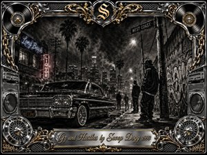 A gleaming black lowrider dominates a rain-darkened West Coast street beneath palms, neon signs, graffiti, and a distant city skyline. Deep charcoal textures, silver chrome, muted gold accents, and smoky lighting create a gritty nocturnal mood. An ornate speaker-and-vinyl frame surrounds the scene, finished with an engraved title plate.