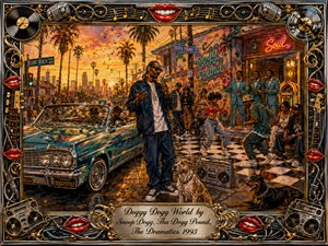 A golden-hour West Coast block party unfolds around a chrome lowrider, relaxed performers, dancers, soul singers, and watchful dogs. Warm amber, turquoise, red, and silver tones glow beneath palm trees and neon lights. Rich painterly textures, graffiti, vinyl records, microphones, speakers, musical notes, and ornate metallic framing create a nostalgic, funky atmosphere.