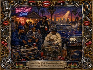 A lively West Coast backyard party unfolds beneath a purple-orange twilight sky, with friends gathered beside a gleaming blue convertible, turntable, and boom box. Warm streetlights and neon signs illuminate deep blues, golds, and reds. Rich painterly textures and an ornate music-themed frame create a nostalgic, celebratory atmosphere.
