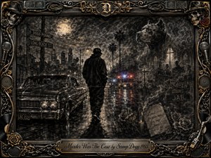 A lone figure walks a rain-slicked West Coast street beneath a hazy moon, surrounded by a vintage lowrider, distant police lights, palm trees, and ghostly symbols of judgment. Deep feathered charcoal, smoky blacks, silver grays, muted reds, blues, and gold create a tense, reflective noir atmosphere within an ornate musical frame.