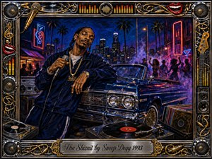 A confident rapper leans beside a gleaming blue lowrider on a neon-lit city street, surrounded by palm trees, dancers, turntables, and smoky nightlife. Deep blues, purples, chrome, gold, and red highlights create a cool, rhythmic mood. Rich acrylic textures and an ornate music-themed frame complete the vivid composition.