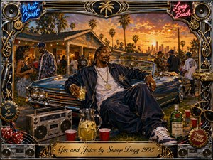 Snoop Dogg lounges beside a gleaming blue lowrider at a lively Long Beach house party, framed by palm trees, friends, boomboxes, drinks, and glowing city lights. Warm sunset oranges contrast with deep blues and chrome gold accents, creating a relaxed, celebratory West Coast mood in richly detailed, nostalgic painted realism.
