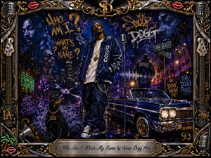 A confident rapper stands beneath neon-lit palms beside a gleaming blue lowrider, surrounded by smoky portraits, graffiti, vinyl grooves, question marks, and West Coast street imagery. Deep blues, purples, gold, and chrome create a hypnotic nighttime mood, framed by ornate microphones, strings, red lips, and engraved metallic detailing.