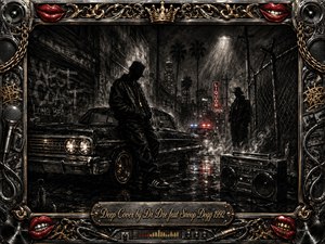 A shadowy urban alley frames two figures beside a gleaming black lowrider, surrounded by graffiti, chain-link fencing, neon signage, and a vintage boombox. Deep charcoal textures, muted blacks, metallic gold accents, and red highlights create a tense nocturnal mood, while streetlights and distant police lights shimmer across rain-soaked pavement.