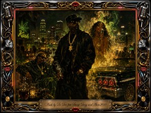 A luxurious nighttime rooftop scene unfolds in smoky emerald, black, gold, and amber tones, with confident figures, a glamorous singer, glowing city towers, and a polished lowrider. Rich oil-painted textures, dramatic highlights, drifting haze, and neon accents create a seductive hip-hop atmosphere, framed by ornate chrome, gold filigree, microphones, records, and red lips.