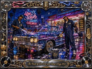 A gleaming lowrider is washed beneath neon lights at a lively West Coast car wash, framed by palm trees and a glowing city skyline. Deep blues, magentas, chrome, and gold create a nocturnal, cinematic mood. Painterly textures, wet reflections, musical ornaments, and an ornate metallic frame add swagger, rhythm, and urban nostalgia.