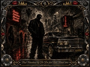 A shadowed figure stands beside a gleaming lowrider on a rain-slick city street, surrounded by neon signs, palm silhouettes, and smoky urban haze. Deep charcoal textures, blackened grays, crimson reflections, and gold highlights create a tense, seductive mood, while ornate chrome, microphones, speakers, records, and hubcaps frame the cinematic scene.