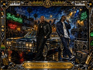 A richly detailed nighttime West Coast street scene portrays Dr Dre and Snoop Dogg beside a gleaming vintage lowrider, surrounded by neon signs, stage equipment, records, and smoky club lighting. Deep blues, glossy blacks, gold highlights, and green neon create a bold cinematic mood, framed with ornate chrome-and-gold musical motifs.