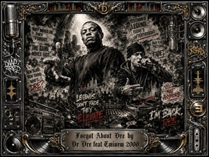 Two commanding rappers dominate a gritty urban studio collage, one reaching forward while the other performs into a microphone. Smoky charcoal textures, torn posters, graffiti, speakers, vinyl, and equalizer lights create a defiant comeback mood. Harsh spotlighting, monochrome blacks and grays, crimson accents, gold details, and an ornate metallic frame intensify the dramatic composition.