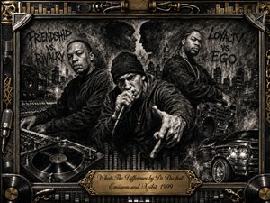 A gritty charcoal-style hip-hop tableau places three intense performers against a smoky nighttime city skyline, surrounded by turntables, speakers, microphones, a boombox, and a classic car. Deep blacks, silver grays, and aged gold accents create a confrontational mood, while dramatic lighting and ornate metallic framing emphasize rivalry, loyalty, and streetwise tension.