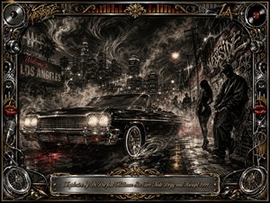A sleek black lowrider dominates a smoky Los Angeles night, framed by graffiti walls, shadowy figures, glowing headlights, and a distant skyline. Deep charcoal textures, chrome highlights, crimson reflections, and muted gold details create a seductive, dangerous mood. An ornate music-themed metallic frame and engraved title plate complete the cinematic composition.