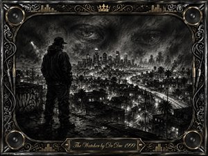 SongData_TheWatcher_DrDre_1999 A solitary figure watches a sprawling nighttime city from a rooftop, surrounded by smoky charcoal textures and glowing streets. Ghostly eyes emerge from stormy clouds, deepening the tense, vigilant mood. Rich blacks, silvery grays, and gold accents frame the scene with speakers, cables, filigree, and an engraved title plate.