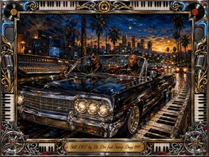 Two figures cruise through a palm-lined Los Angeles night in a gleaming black lowrider, framed by studio equipment, skyline lights, and a piano-key roadway. Rich blues, amber sunset tones, chrome reflections, and gold accents create a confident cinematic mood, rendered in textured oil-paint style with an ornate music-inspired border.