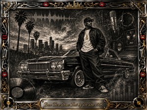 A confident streetwise figure stands beside a gleaming lowrider against a palm-lined city skyline and recording studio backdrop. Deep charcoal textures create a gritty, reflective mood, while chrome, gold filigree, red lips, vinyl records, microphones, and sound waves enrich the ornate frame. Dramatic dusk lighting adds cinematic depth and polished intensity.