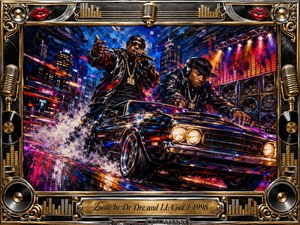 A high-energy hip-hop night scene captures two commanding performers above a speeding black muscle car, surrounded by neon city lights, towering speakers, and glowing equalizer bars. Bold blues, reds, golds, and magentas explode across thick painterly textures, while chrome microphones, vinyl records, and ornate gold detailing frame the dramatic composition.