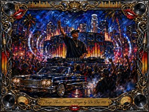 A commanding hip-hop performer raises one hand above turntables and towering speakers amid a roaring nighttime city crowd. Electric blues, fiery reds, golds, and chrome reflections create a charged, celebratory mood. A glossy vintage convertible anchors the foreground, while ornate speakers, equalizer bars, red lips, and engraved gold trim frame the energetic oil-painted scene.