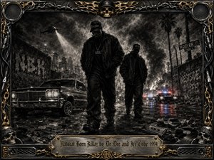 Two shadowy figures stride through a rain-slicked urban street beneath smoky skies, helicopter searchlights, distant flames, and flashing police lights. Rendered in deep charcoal and graphite, the scene feels tense and menacing, with a lowrider, graffiti, vinyl debris, and palm silhouettes framed by ornate chrome, gold, chains, skulls, and barbed wire.