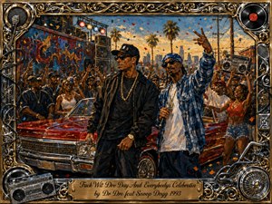 A vibrant West Coast block party unfolds beneath palm trees and a glowing city skyline, centered on two commanding hip-hop figures beside a polished red lowrider. Warm gold, blue, black, and crimson tones energize the textured oil-painted scene, while cheering crowds, speakers, graffiti, chrome, records, and a lavish music-themed frame amplify its celebratory swagger.
