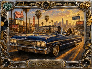 A glossy blue lowrider convertible cruises through a palm-lined Los Angeles boulevard at golden hour, carrying stylish passengers beneath a glowing city skyline. Rich oil-paint textures blend warm amber light, deep blues, chrome reflections, and street haze. An ornate chrome-and-gold frame features speakers, vinyl, cables, dice, and musical details.