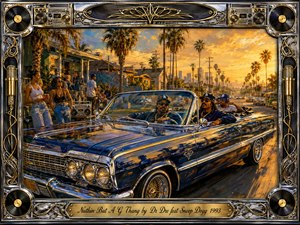 A gleaming blue lowrider cruises through a palm-lined Los Angeles neighborhood at golden hour, surrounded by relaxed friends, boomboxes, graffiti, and warm street life. Rich blues, chrome, and sunset gold create a confident, nostalgic mood, while painterly textures and an ornate music-themed metallic frame amplify the classic West Coast atmosphere.