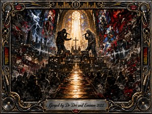 Two rappers face off atop a towering speaker altar inside a cathedral fused with a stormy cityscape. Golden stained-glass light floods a reflective central aisle through a shadowed crowd, while crimson, black, silver, and blue textures swirl with smoke, musical notes, and sound waves. An ornate chrome-and-gold frame completes the cinematic painting.