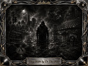 A lone figure stands waist-deep in dark floodwater beneath a smoky city skyline, surrounded by submerged street signs, vinyl records, and a microphone. Deep charcoal blacks, silvery grays, and restrained gold accents create a tense, reflective mood, while dramatic highlights and feathered textures give the scene a gritty, cinematic intensity.