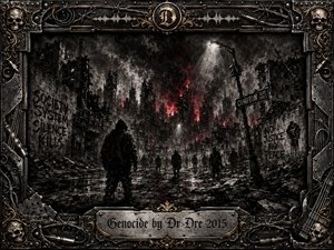 SongData_Genocide_DrDre_2015 A lone hooded figure faces a devastated urban street where shadowy silhouettes drift through rubble, smoke, and shattered buildings. Deep charcoal blacks and smoky grays dominate, pierced by crimson firelight and stark streetlamps. An ornate industrial frame of metal, skulls, cables, barbed wire, and gold details intensifies the dystopian, ominous mood.